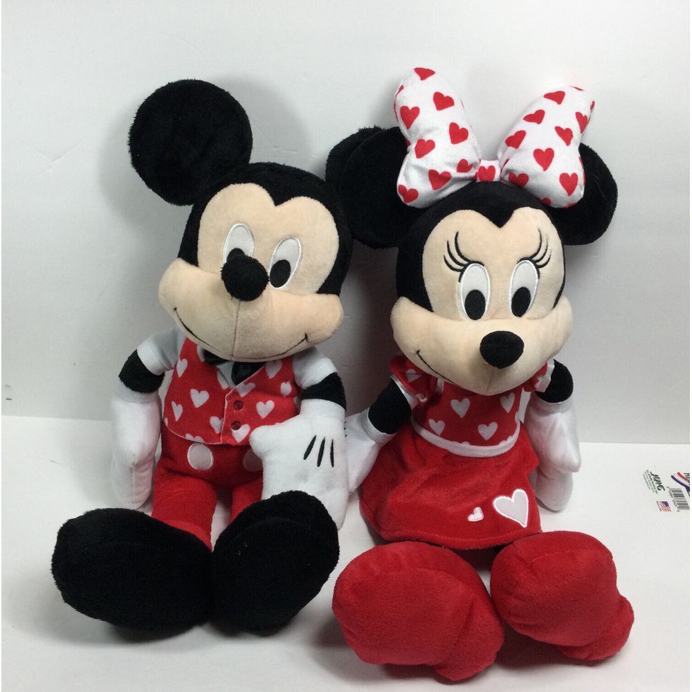 Disney Mickey & Minnie Mouse 18in plush‎ toy 2 stuffed Animal figures Red Hearts
